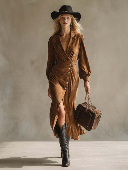 Vintage Western Elegant Lapel Brown Faux Suede Maxi Dress