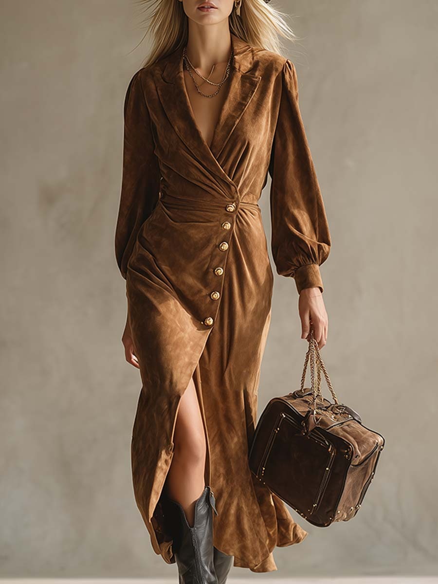 Vintage Western Elegant Lapel Brown Faux Suede Maxi Dress