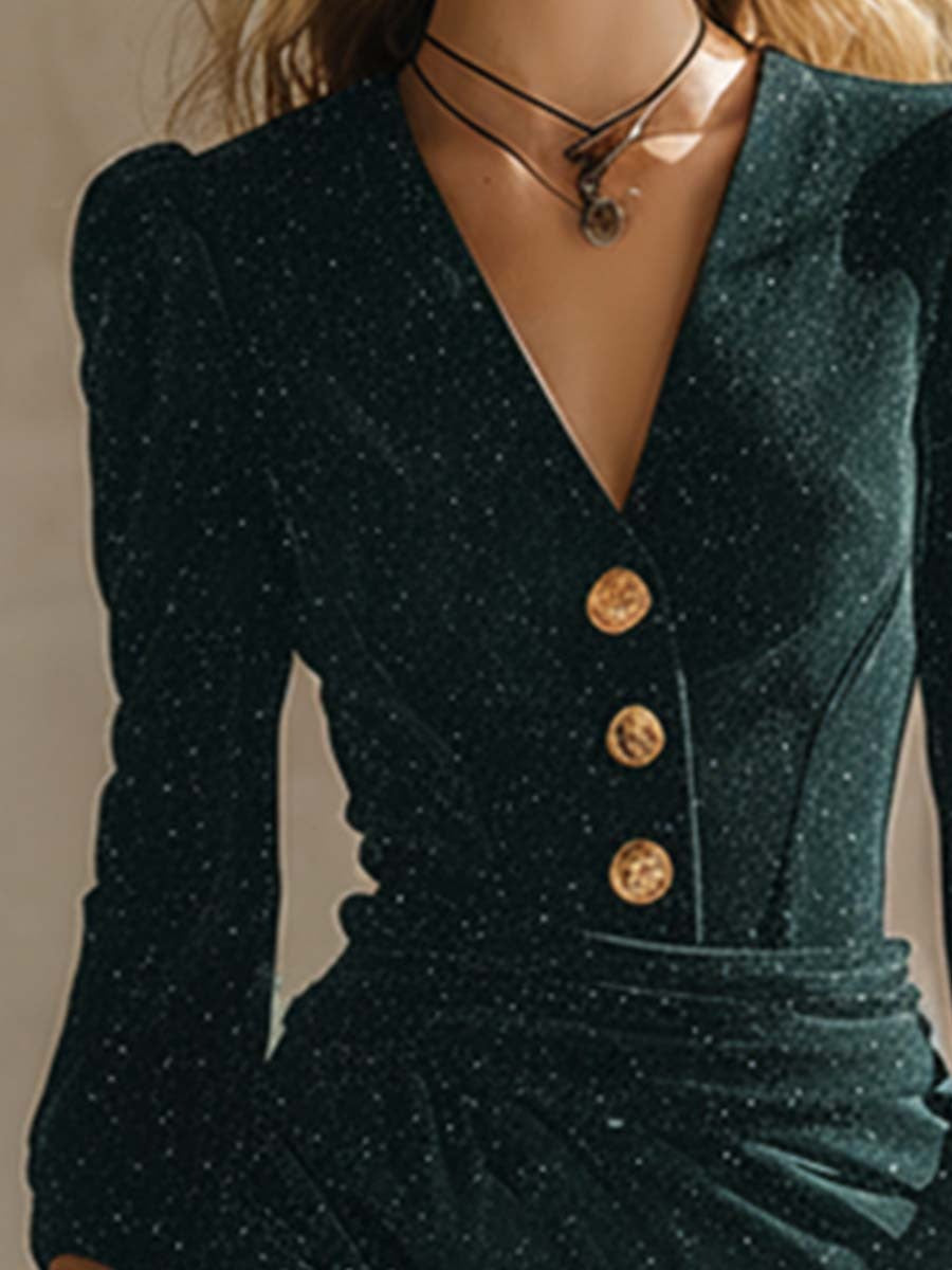 Vintage Exquisite Emerald Green Shimmering Stretch Long-sleeved Midi Dress