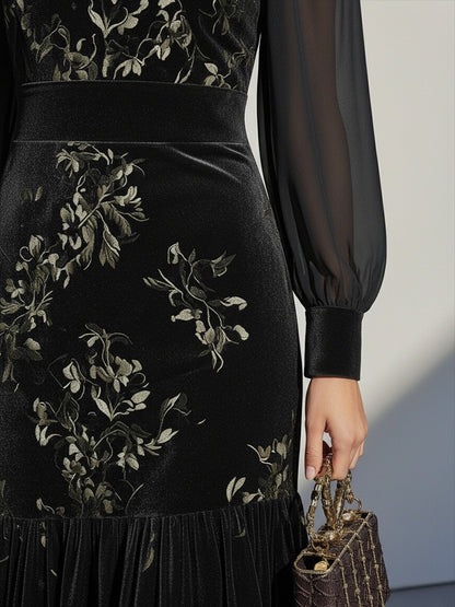 Elegant Round Neck Chiffon Lantern Sleeve Floral Pattern Velvet Dress