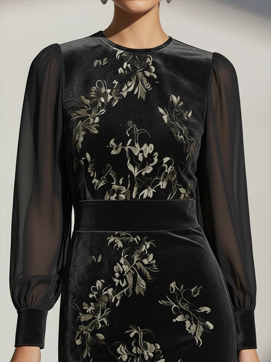 Elegant Round Neck Chiffon Lantern Sleeve Floral Pattern Velvet Dress