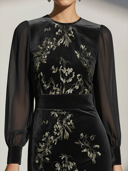 Elegant Round Neck Chiffon Lantern Sleeve Floral Pattern Velvet Dress