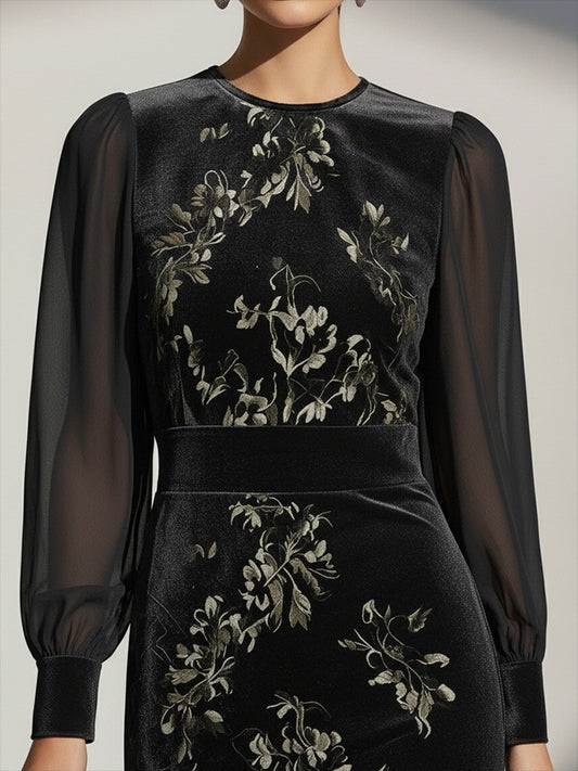 Elegant Round Neck Chiffon Lantern Sleeve Floral Pattern Velvet Dress