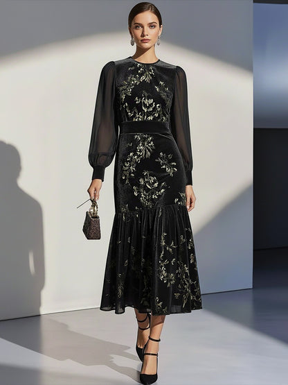 Elegant Round Neck Chiffon Lantern Sleeve Floral Pattern Velvet Dress
