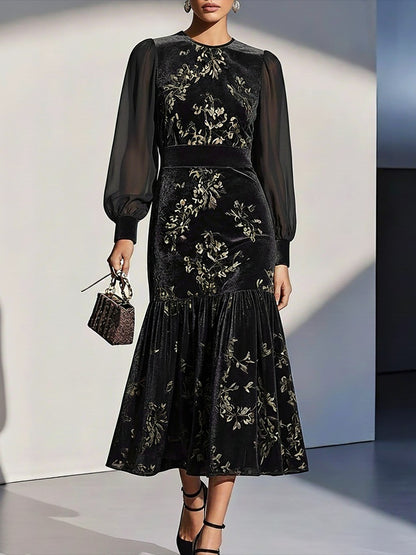 Elegant Round Neck Chiffon Lantern Sleeve Floral Pattern Velvet Dress
