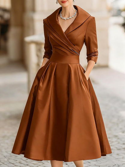 Vintage-Inspired Satin Midi Dress With Draped Collar
