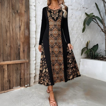 Retro Boho Pattern Printed Long Sleeve Maxi Dress