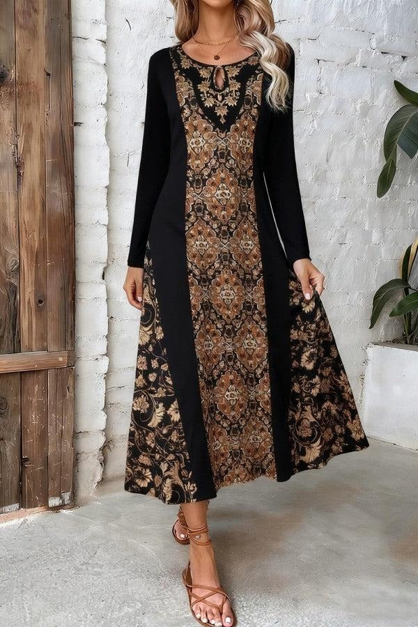 Retro Boho Pattern Printed Long Sleeve Maxi Dress