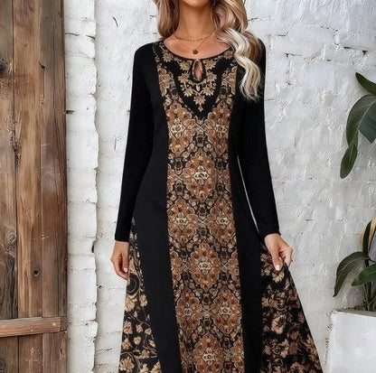Retro Boho Pattern Printed Long Sleeve Maxi Dress