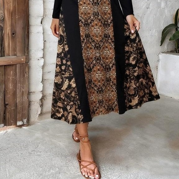 Retro Boho Pattern Printed Long Sleeve Maxi Dress