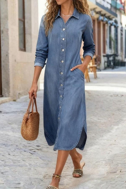 Denim Shirt Midi Dress With Button-Down Front And Side Slit