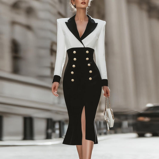 Classy Lapel Color Block Midi Dress