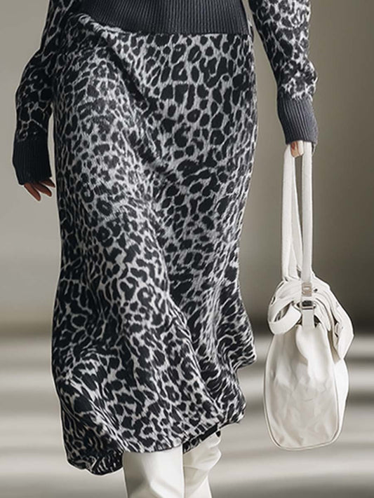 Casual Fashion Grey Leopard Sweater And Skirt Knitted Set