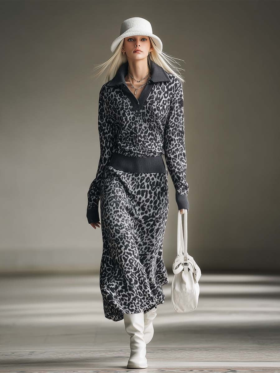 Casual Fashion Grey Leopard Sweater And Skirt Knitted Set