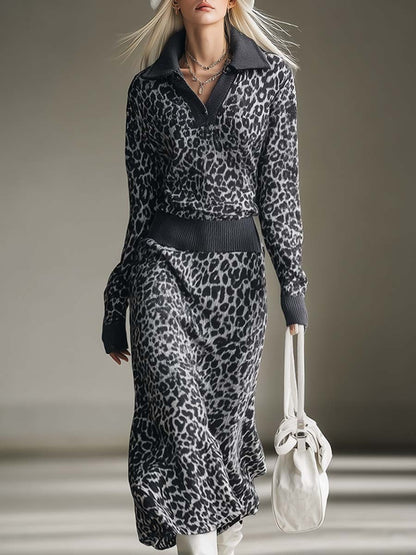 Casual Fashion Grey Leopard Sweater And Skirt Knitted Set