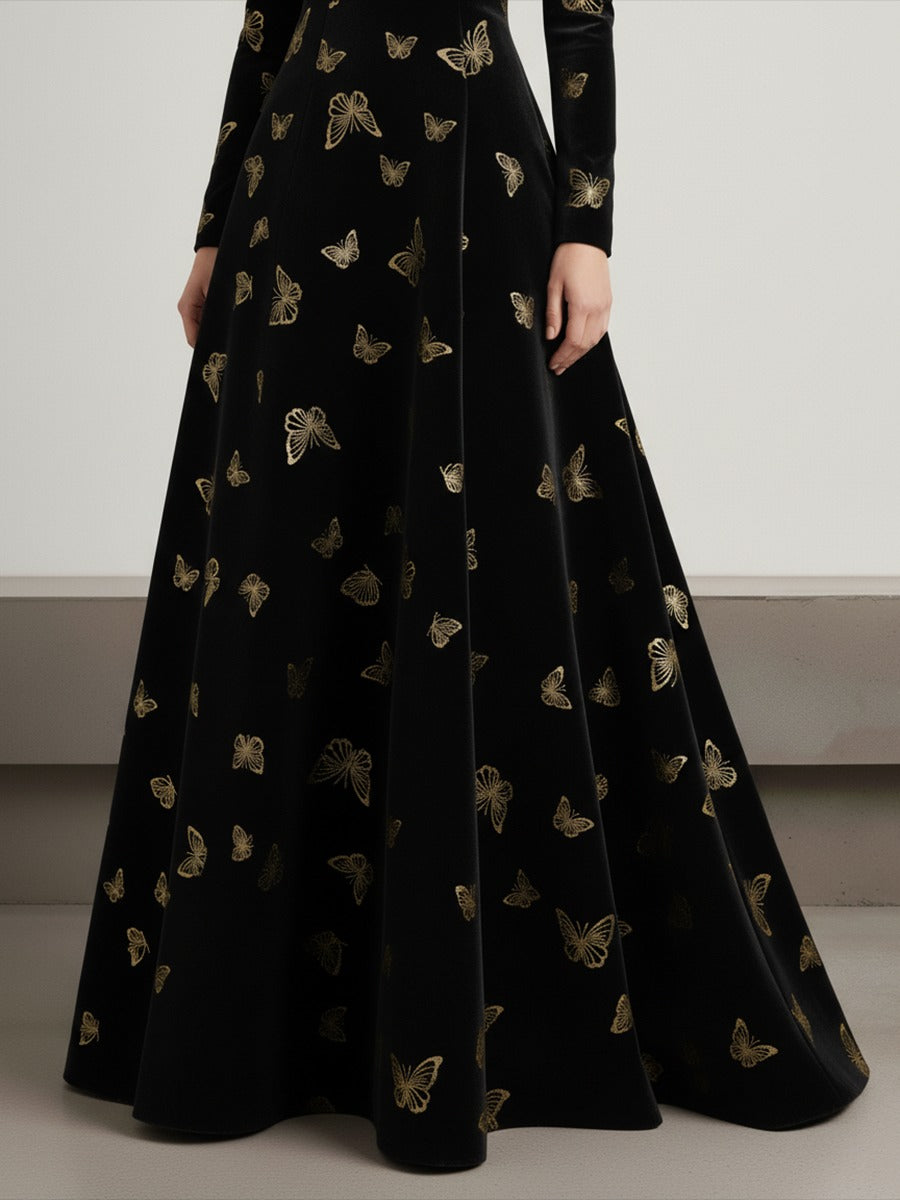 Elegant Round Neck Long-sleeved Gilded Butterfly Velvet Dress