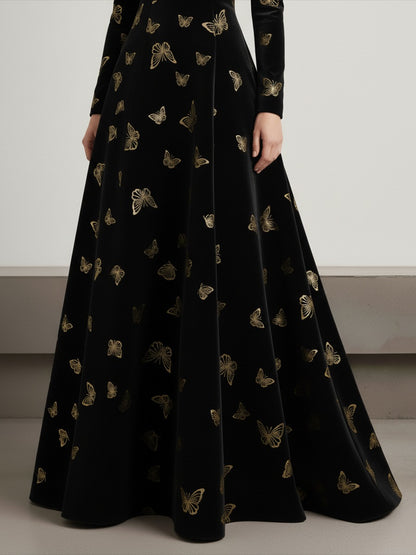 Elegant Round Neck Long-sleeved Gilded Butterfly Velvet Dress