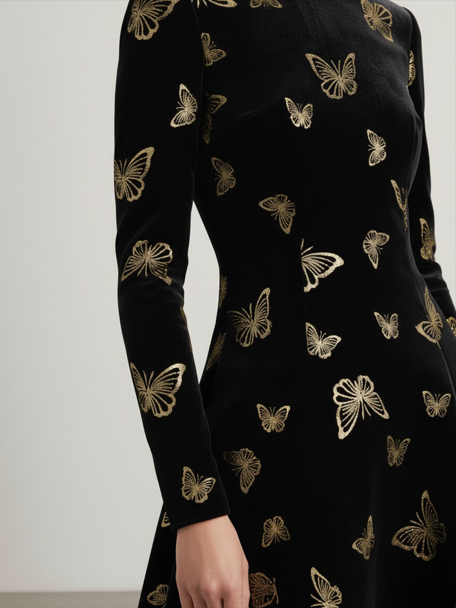 Elegant Round Neck Long-sleeved Gilded Butterfly Velvet Dress