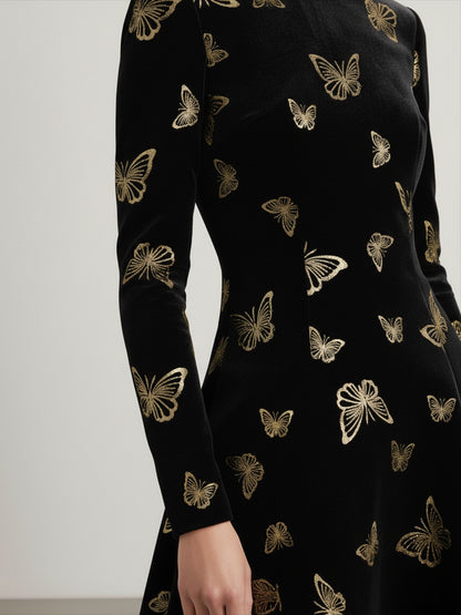 Elegant Round Neck Long-sleeved Gilded Butterfly Velvet Dress