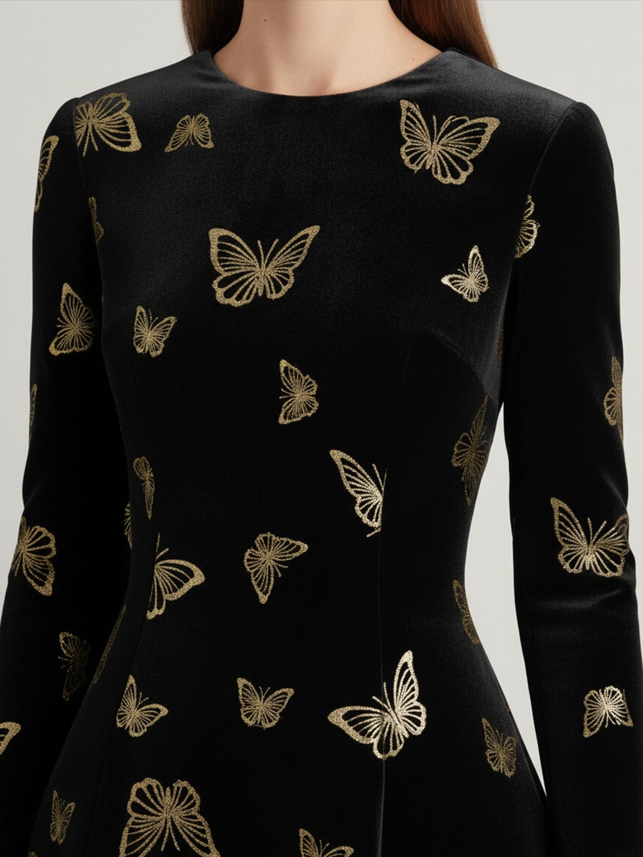 Elegant Round Neck Long-sleeved Gilded Butterfly Velvet Dress