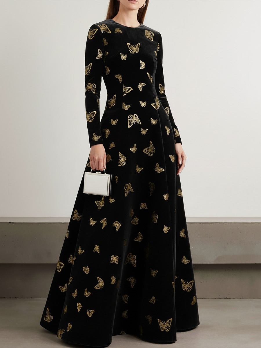 Elegant Round Neck Long-sleeved Gilded Butterfly Velvet Dress