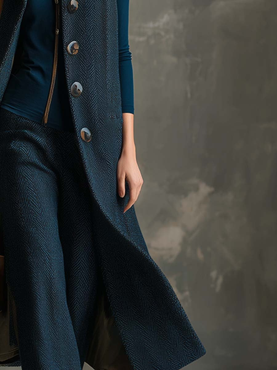 Vintage Elegant Blue Herringbone Textured Button Long Vest