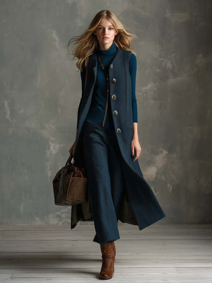 Vintage Elegant Blue Herringbone Textured Button Long Vest