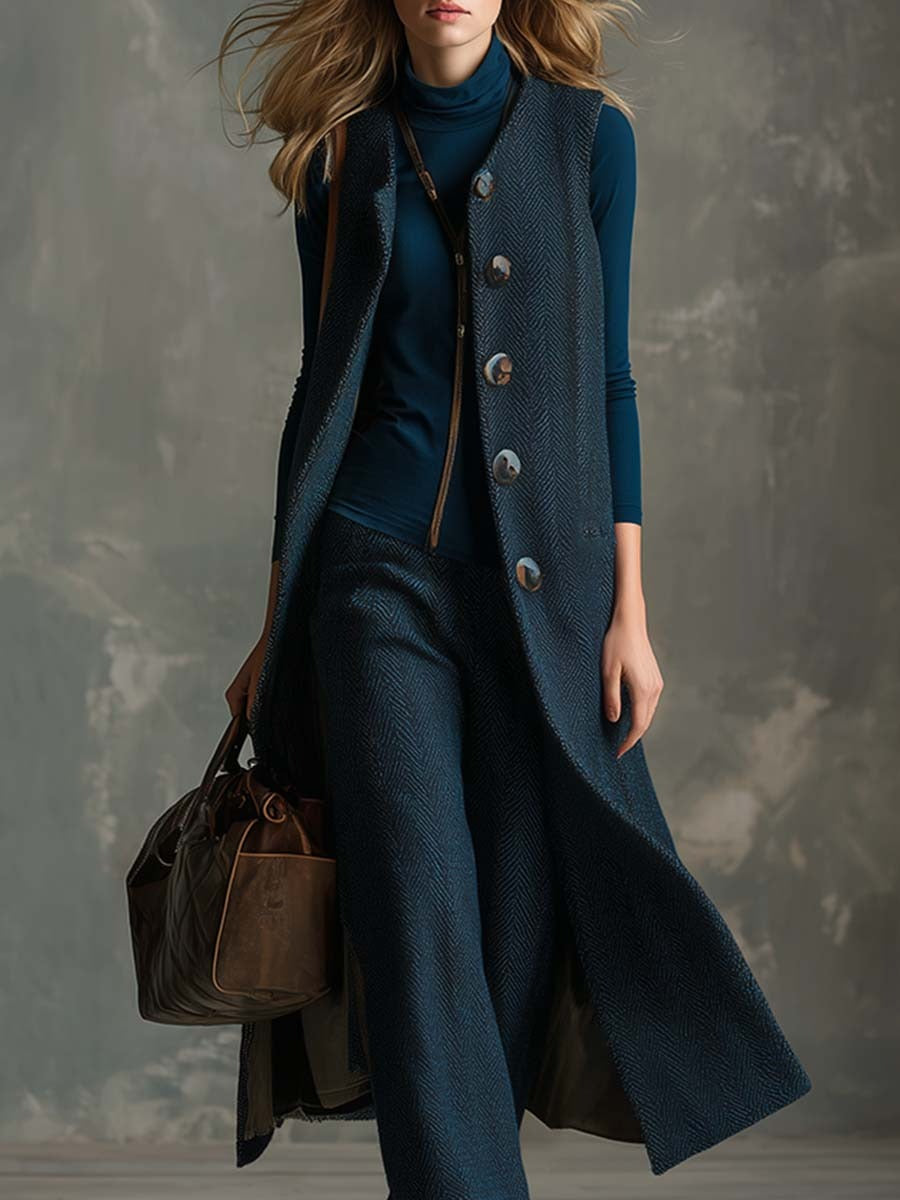 Vintage Elegant Blue Herringbone Textured Button Long Vest