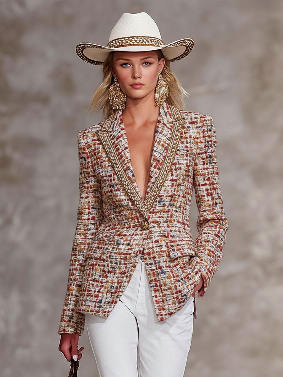 Colorful Tweed Contrasting Ribbon Single Button Lapel Blazer