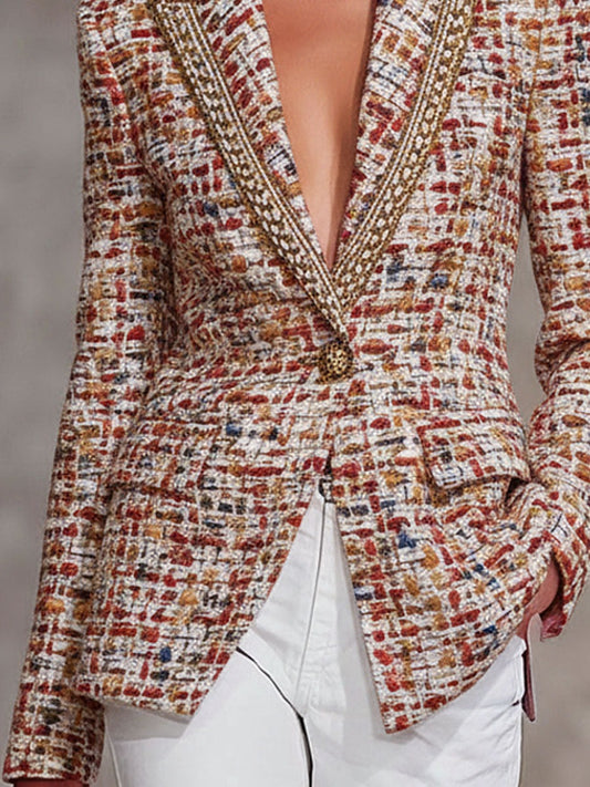 Colorful Tweed Contrasting Ribbon Single Button Lapel Blazer