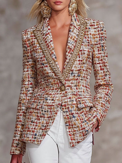 Colorful Tweed Contrasting Ribbon Single Button Lapel Blazer