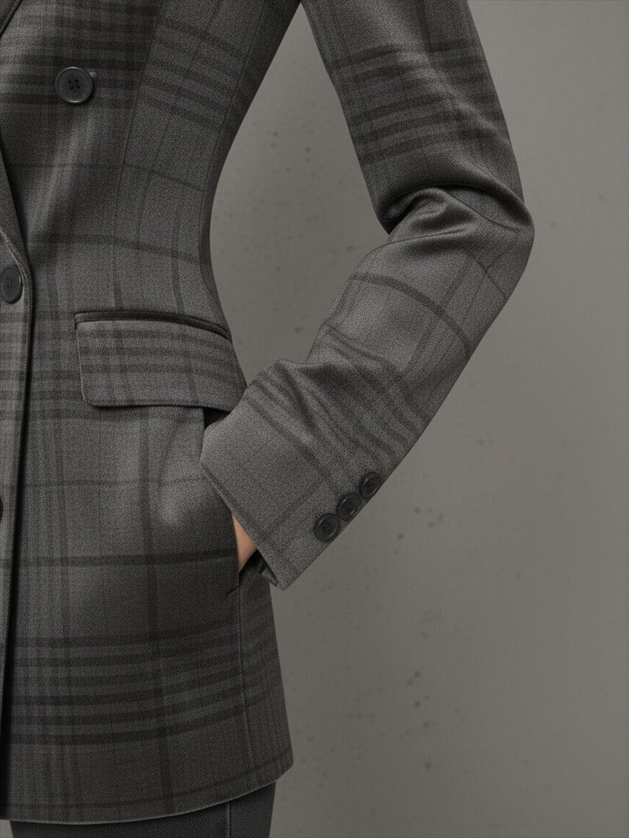 Vintage Check Print Double-breasted Velvet Blazer