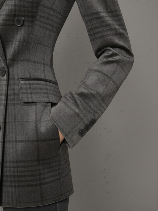 Vintage Check Print Double-breasted Velvet Blazer