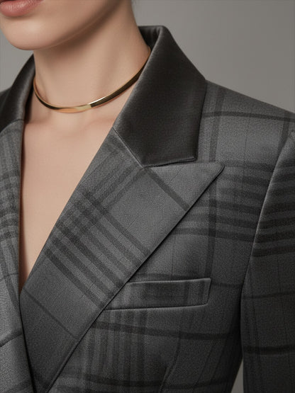 Vintage Check Print Double-breasted Velvet Blazer