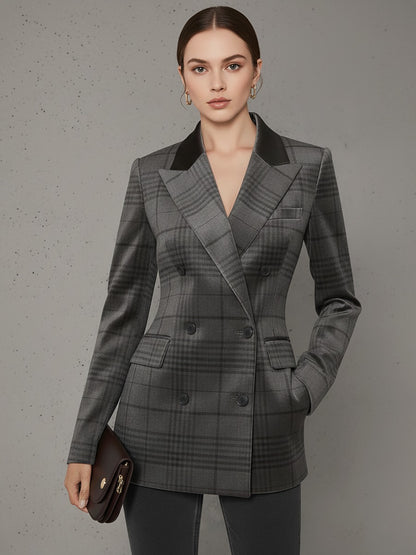 Vintage Check Print Double-breasted Velvet Blazer