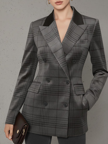 Vintage Check Print Double-breasted Velvet Blazer