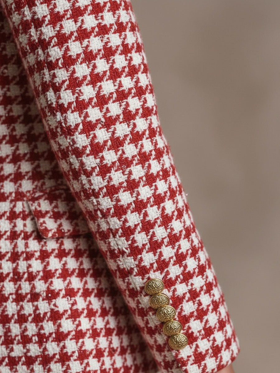 Elegant Polka Dot Houndstooth Lapel Single Button Woollen Blazer