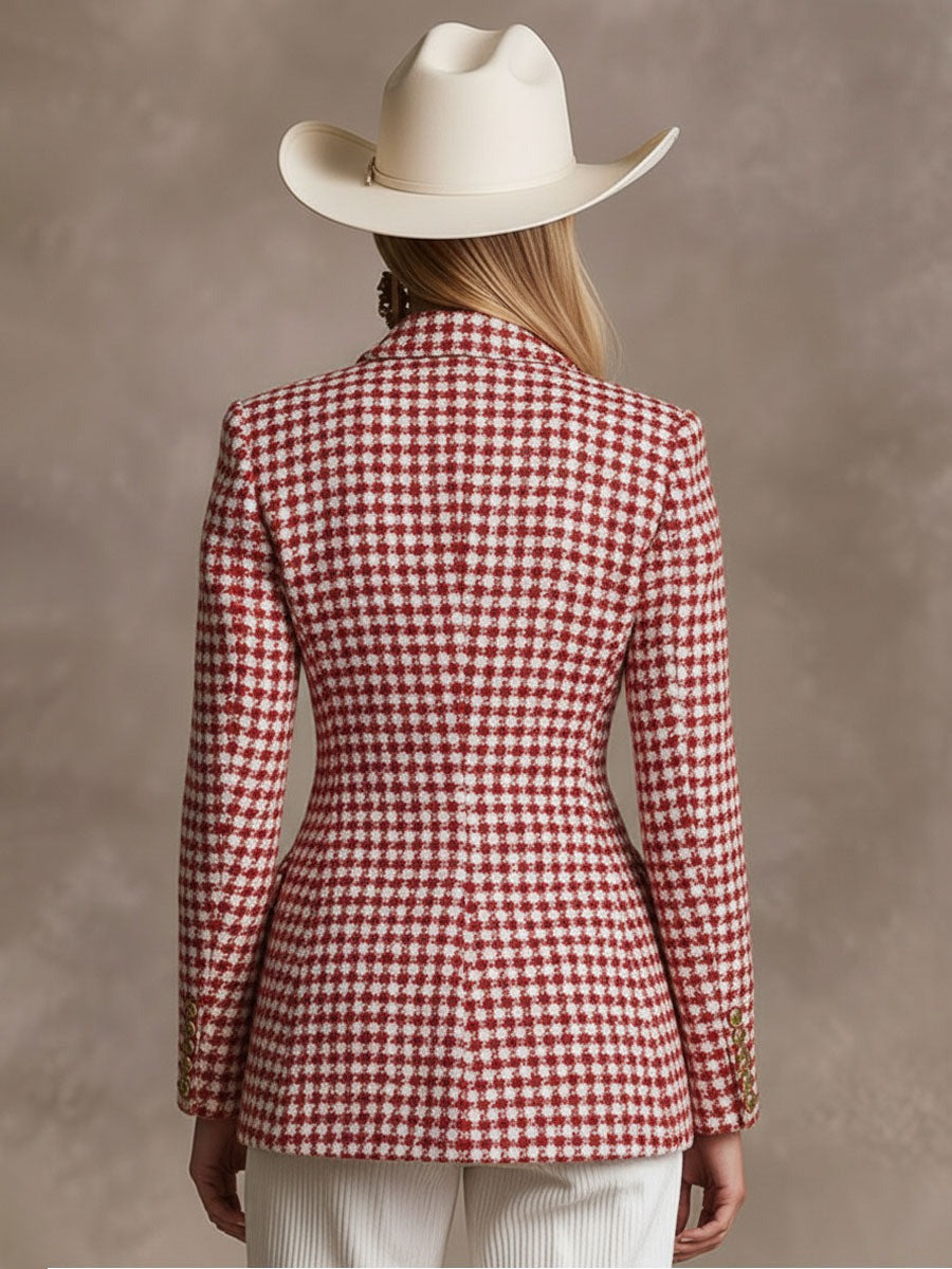 Elegant Polka Dot Houndstooth Lapel Single Button Woollen Blazer