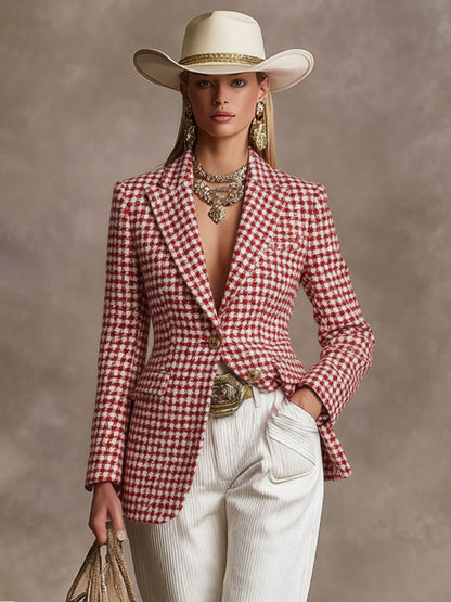 Elegant Polka Dot Houndstooth Lapel Single Button Woollen Blazer