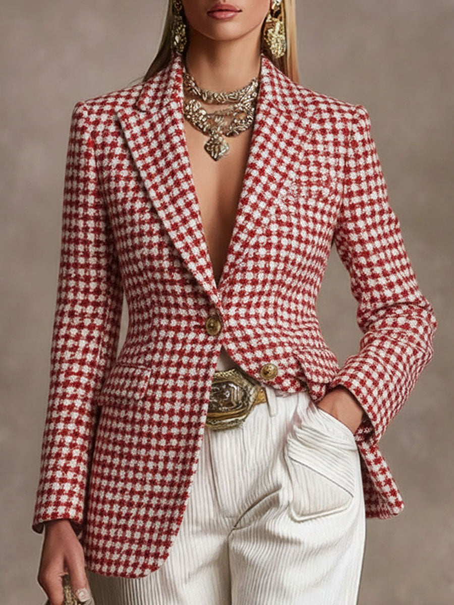 Elegant Polka Dot Houndstooth Lapel Single Button Woollen Blazer