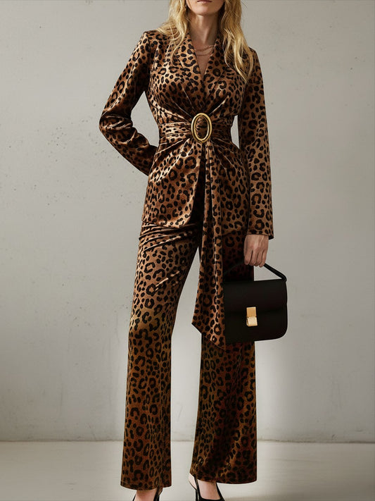 Vintage Leopard Print Velvet Blazer And Trousers Set