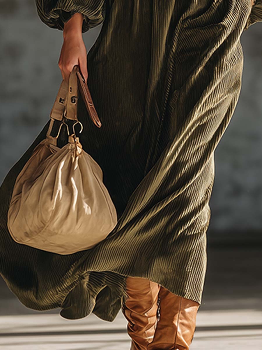 Retro Exquisite Army Green Textured Velvet Loose Maxi Dress