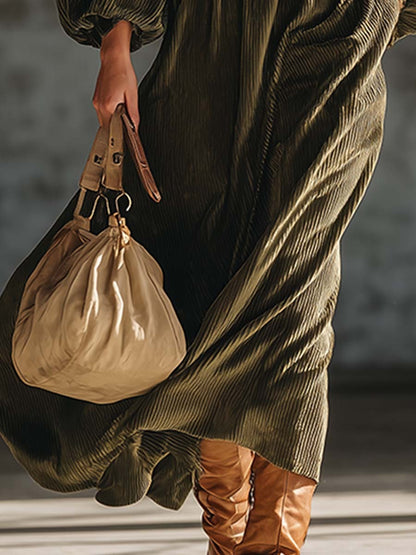 Retro Exquisite Army Green Textured Velvet Loose Maxi Dress