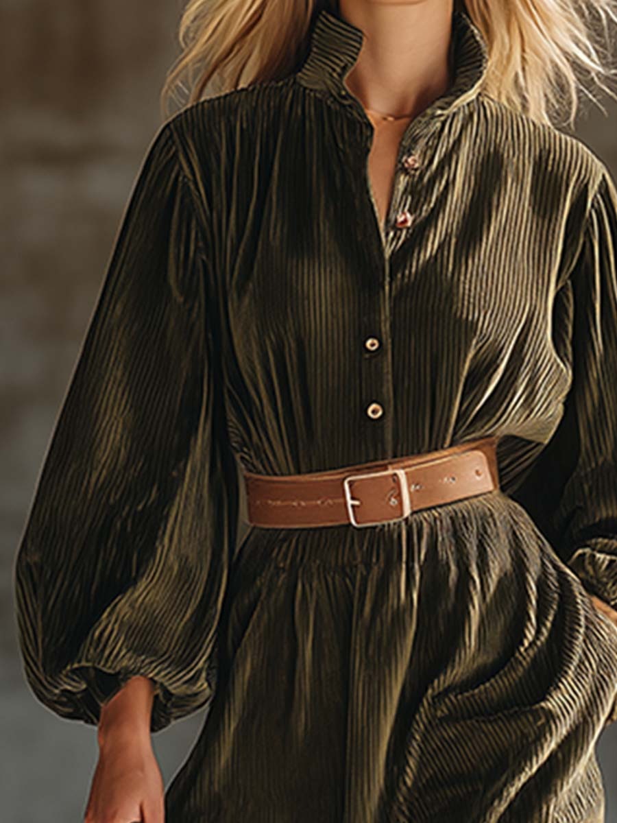 Retro Exquisite Army Green Textured Velvet Loose Maxi Dress