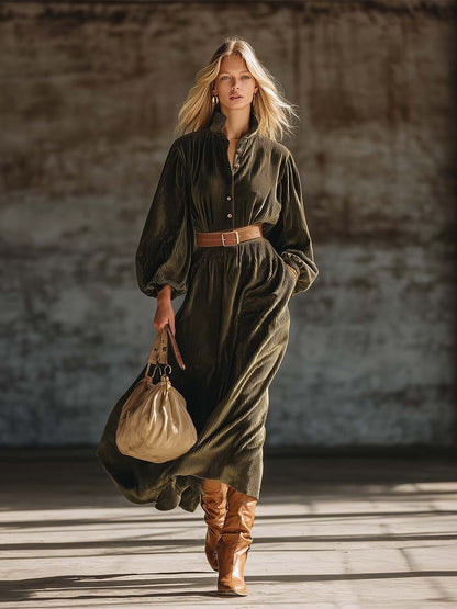 Retro Exquisite Army Green Textured Velvet Loose Maxi Dress