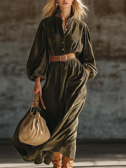 Retro Exquisite Army Green Textured Velvet Loose Maxi Dress