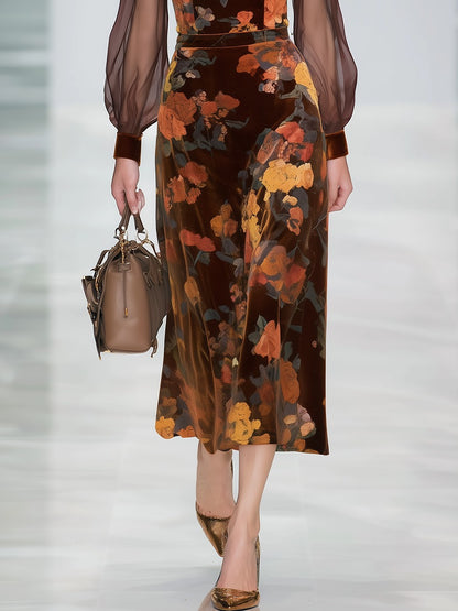 Retro Elegant Floral Print Stand Collar Long Sleeve Velvet Dress