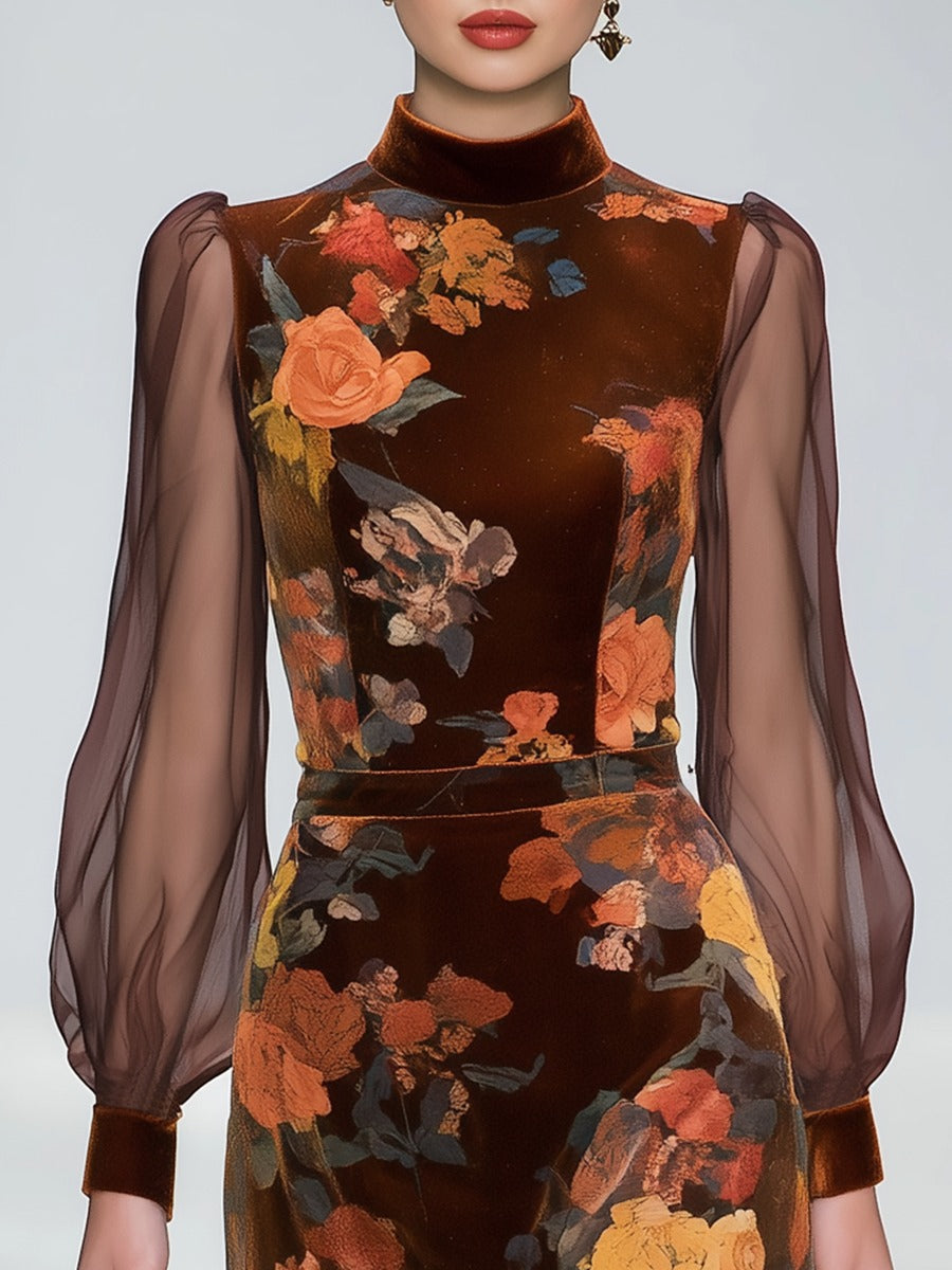Retro Elegant Floral Print Stand Collar Long Sleeve Velvet Dress