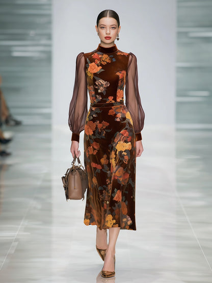 Retro Elegant Floral Print Stand Collar Long Sleeve Velvet Dress