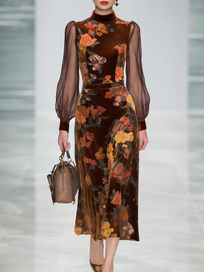 Retro Elegant Floral Print Stand Collar Long Sleeve Velvet Dress